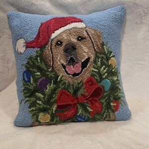 Peking Handicrafts Golden Lab Retriever Dog Wool Hook 18" Pillow Cover Holidays